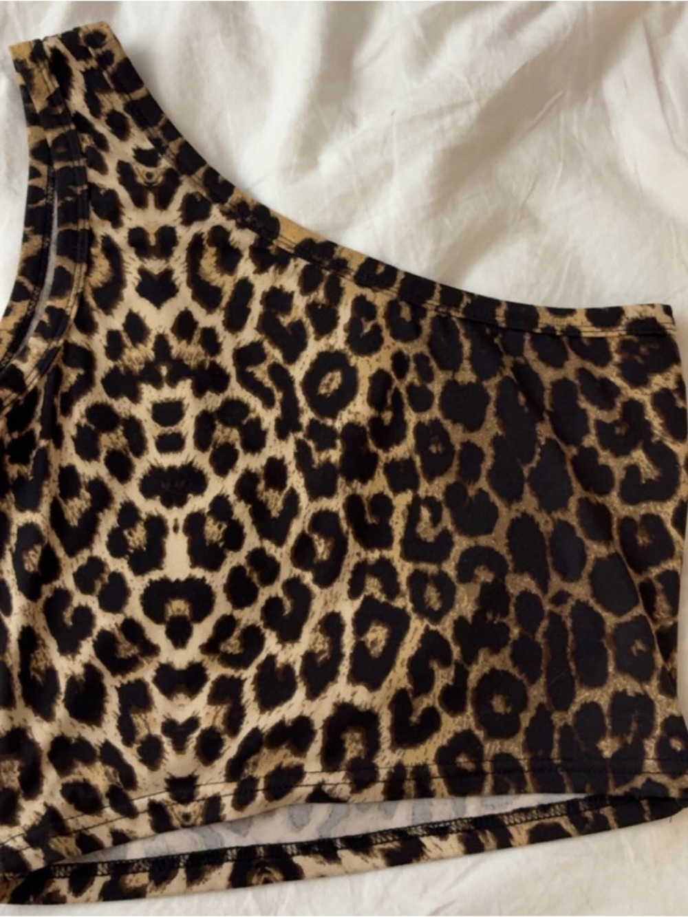 Leopard Print One-Shoulder Crop Top - Black and Tan